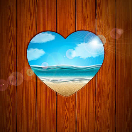Summer Holiday Illustration with Beach Landscape in Heart Shape on Wooden Board and Blue Cloudy Sky Background. Tropical Design for Banner, Flyer, Invitation, Brochure, Poster or Greeting Card.のイラスト素材