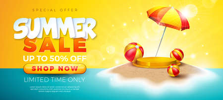 Summer Sale Design with with Stage Podium, Sunshade and Beach Ball on Tropical Sandy Island Background. Tropical Business Vector Illustration with Special Offer Typography for Coupon, Voucher, Banner, Flyer, Promotional Poster, Invitation or Greeting Cardのイラスト素材