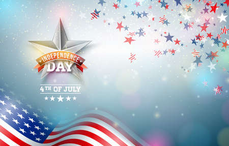 4th of July Independence Day of the USA Vector Illustration with American Flag and Star Symbol on Shiny Falling Confetti Background. Fourth of July National Celebration Design for Banner, Greeting Card, Invitation or Holiday Posterのイラスト素材
