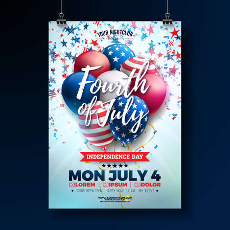 Independence Day of the USA Party Flyer Design with American Flag Pattern Party Balloon and Falling Confetti. Vector Fourth of July Design on Light Background for Celebration Banner, Greeting Card, Holiday Poster or Invitationのイラスト素材
