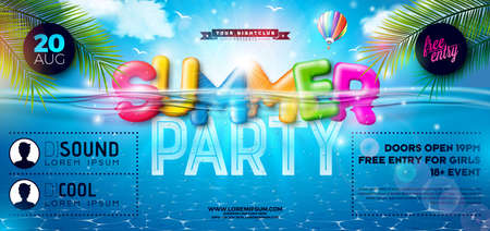 Summer Beach Party Banner Design with Colorful 3d Text in Water and Typography on Blue Sea Background. Vector Summer Holiday Celebration Illustration with Exotic Palm Leaves for Flyer, Invitation or Posterのイラスト素材
