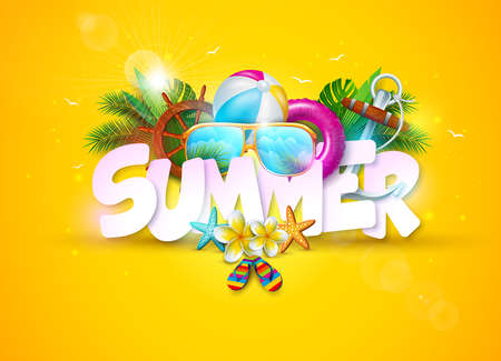 Summer Holiday Banner Design with 3d Lettering and Colorful Beach Elements on Sun Yellow Background. Flower, Tropical Plants and Sunshine for Flyer, Invitation, Brochure, Poster or Greeting Card.のイラスト素材