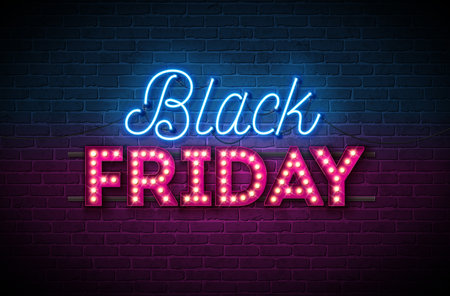Black Friday Sale Illustration with Glowing Neon and Light Bulb Lettering on Dark Brick Wall Background. Vector New Year and Christmas Design Template for Greeting Card, Flyer, Banner, Celebration Poster or Party Invitationのイラスト素材