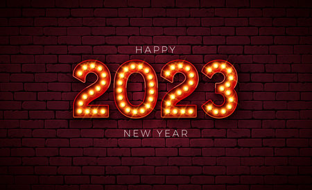 Happy New Year 2023 Illustration with Glowing Light Bulb Number on Brick Wall Background. Vector...