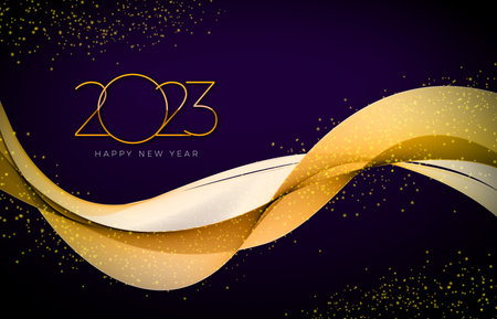 Happy New Year 2023 Illustration with Golden Number and Shiny Gold Wave Design Element on Dark Background. Vector Christmas Holiday Season Design for Flyer, Greeting Card, Banner, Celebration Poster, Party Invitation or Calendarのイラスト素材