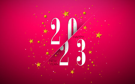 Happy New Year 2023 Illustration with Number and Gold Stari on Red Background. Vector Christmas...