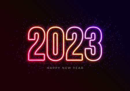 Happy New Year 2023 Illustration with Glowing Neon Light Number on Dark Background. Vector Christmas Holiday Season Design for Flyer, Greeting Card, Banner, Celebration Poster, Party Invitation or Calendarのイラスト素材