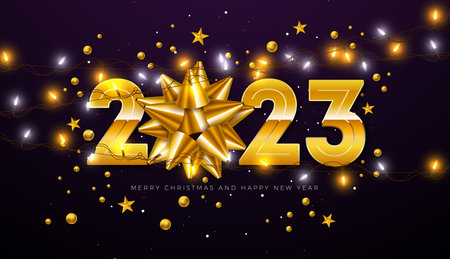 Happy New Year 2023 Illustration with Gold Number, Clock and Bow on Lighting Garland Background. Vector Christmas Holiday Season Design for Flyer, Greeting Card, Banner, Celebration Poster, Party Invitation or Calendarのイラスト素材