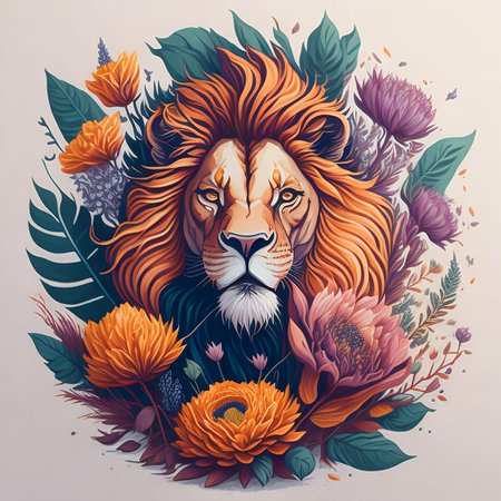 Nature Illustration of Proud Lion Head with Flower and Botanical Leaf on Light Background. Vintage Painting Style Design with Floral Elements for Invitation, Greeting Card or Cover. Ai Generated.の素材