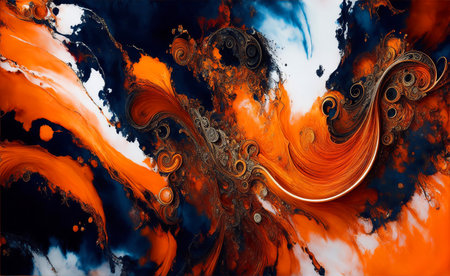 Abstract Orange Colorful Ink Flow Background Design. Paint Splash Illustration for Banner, Invitation, Greeting Card or Cover. Ai Generated.の素材