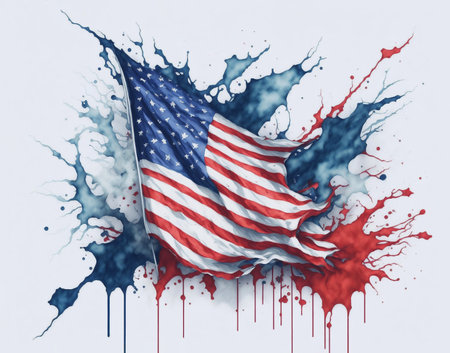 Watercolor Flag of America with Paint Splash on White Background. 4th of July Independence Day of the USA Illustration for Banner, Poster, Invitation, Greeting Card or Cover. Ai Generated.の素材