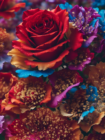 Beautiful Rose Flower with Colorful Floral Elements. Nature Wallpaper for Banner, Poster, Invitation or Greeting Card. AI Generated.の素材