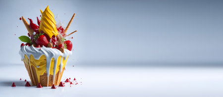 Delicious splash ice cream cone design with strawberry and lemon leaf. Clean background and space for text. Illustration for Banner, Invitation, Greeting Card or Poster. Ai Generated.の素材