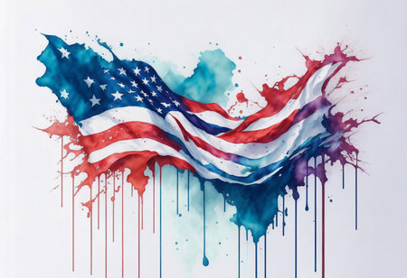 Watercolor Flag of America with Paint Splash on White Background. 4th of July Independence Day of the USA Illustration for Banner, Poster, Invitation, Greeting Card or Cover. Ai Generated.の素材