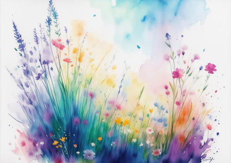 Watercolor Meadow with Colorful Flower Illustration. Summer Flower Field with Paint Splash on Light Background. Vintage Aquarelle Wallpaper Design for Banner, Poster, Invitation or Greeting Card. AI Generated.の素材