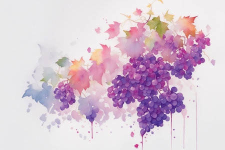 Watercolor Ripe Grapes Fruit Illustration with Green Leaves and Colorful Paint Splash Isolated on White Background. Aquarelle Wallpaper Design for Banner, Poster, Invitation, Menu or Card. AI Generated.の素材