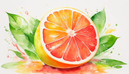 Watercolor Ripe Grapefruit Fruit Illustration with Green Leaves and Colorful Paint Splash Isolated on White Background. Aquarelle Wallpaper Design for Banner, Poster, Invitation, Menu or Card. AI Generated.の素材