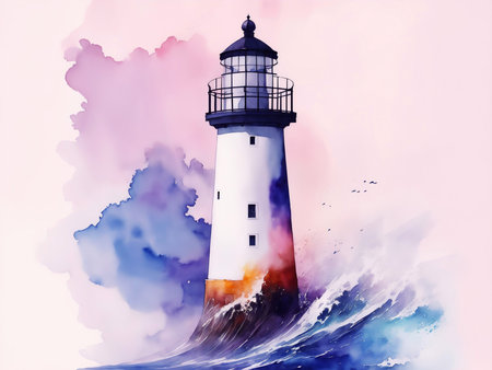 Watercolor Lighthouse Illustration with Stormy Sea and Crashing Waves. Aquarelle Style Design with Paint Splash on Nautical Theme for Poster, Banner, Invitation, Greeting Card or Cover. Ai Generated.の素材