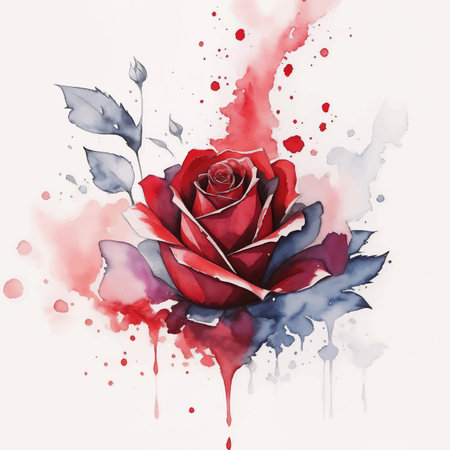 Watercolor Rose Flower Illustration with Colorful Paint Splash on Light Background. Vintage Aquarelle Wallpaper Design for Banner, Poster, Invitation or Greeting Card.のイラスト素材