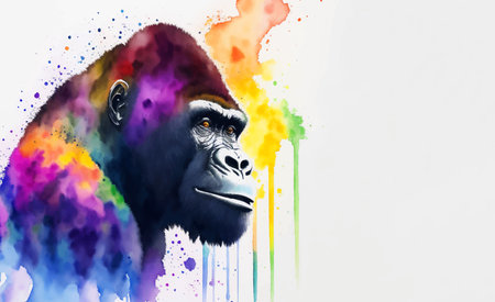 Watercolor Animal Illustration with Beautiful Wild Gorilla Head on White Background. Aquarel Painted Style Zoo Wallpaper Design for Banner, Poster, Invitation or Cover.のイラスト素材