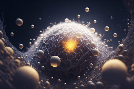 Abstract futuristic science particle banner background with network grid. Cyberspace concept illustration. High speed digital data transfer technology wallpaper. Ai Generated.の素材