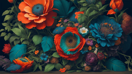 Botanical Flower Background in a Embroidery Style with Summer Flower and Green Leaf on Dark Background. Vintage Floral Wallpaper for Poster, Banner, Invitation, Greeting Card or Cover. AI Generated.の素材