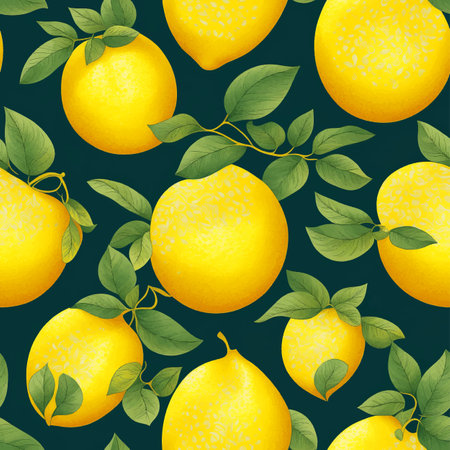 Repeated Seamless Pattern Design with Fresh Lemon Citrus Fruit and Green Leaf on Dark Background. Decorative Wallpaper llustration for Print, Textile, Banner, Poster or Greeting Card.のイラスト素材