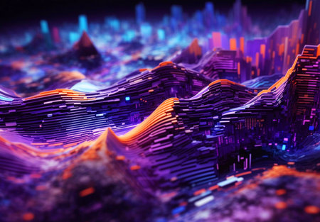 Abstract Particle Data Landscape Background with Flowing Binary Codes Rivers. High Speed Digital Data Transfer Technology Wallpaper Illustration for Banner, Poster or Cover. Ai Generatedの素材