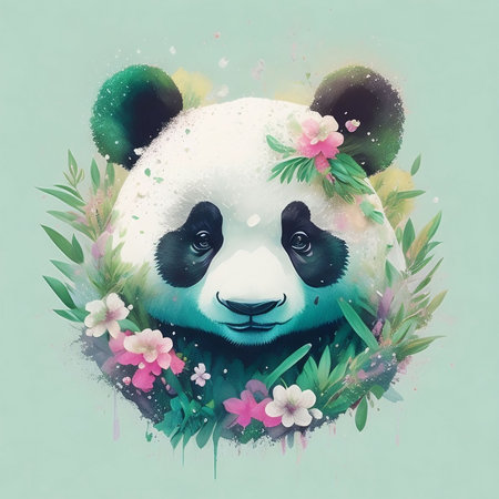Wild Animal Illustration with Panda Bear and Flower in a Watercolor Style on Green Background. Vintage Aquarelle Style Design for Invitation, Frame or Cover. AI Generated Illustration.の素材