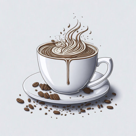 Illustration of a Cup of Fresh Coffee Isolated on White Background. Delicious Hot Coffee Drink and Roasted Coffee Beans. Flat Style Design for Banner, Poster, Invitation, Greeting Card or Coverの素材