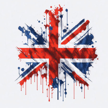 Watercolor Flag of England with Paint Splash on White Background. United Kingdom Illustration for Banner, Poster, Invitation, Greeting Card or Cover. Ai Generatedの素材