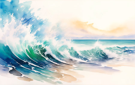 Watercolor Sea Beach Illustration with Stormy Sea and Crashing Waves. Aquarelle Style Design with Paint Splash for Poster, Banner, Invitation, Greeting Card or Cover. Ai Generatedの素材