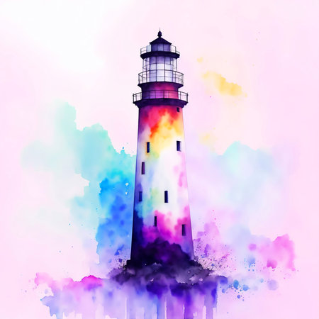 Watercolor Lighthouse Illustration with Stormy Sea and Crashing Waves. Aquarelle Style Design with Paint Splash on Nautical Theme for Poster, Banner, Invitation, Greeting Card or Cover. Ai Generatedの素材