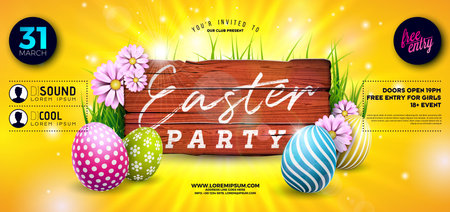 Vector Easter Party Flyer Illustration with painted eggs, vintage wood board and flowers on nature yellow background. Spring holiday celebration poster design template for banner or invitationのイラスト素材