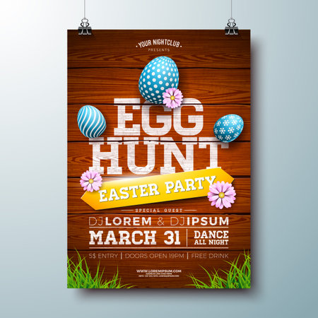 Vector Easter Egg Hunt Illustration with painted eggs and flowers on vintage wood background. Spring holiday Party Flyer celebration poster design template for banner, invitation or greeting cardのイラスト素材