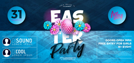 Easter Party Flyer Illustration with painted egg and flowers on Blue background. Vector Egg Hunt spring holiday celebration poster design template for banner or invitationのイラスト素材