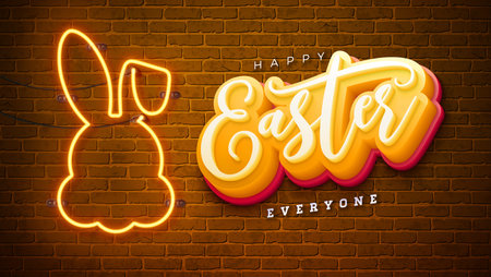 Happy Easter Illustration with Glowing Neon Light and 3d Typography Letter on Vintage Brick Wall Background. Vector Easter Day Holiday Design for Flyer, Greeting Card, Banner, Holiday Poster or Party Invitationのイラスト素材
