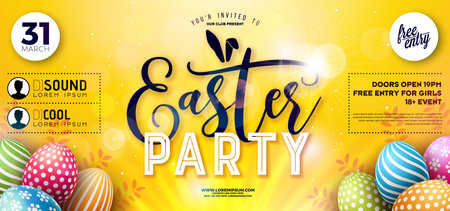 Easter Party Flyer Illustration with Painted Eggs, Rabbit Ears Silhouette on Nature Sun Yellow Background. Vector Spring Religious Holiday Celebration Poster Design Template for Banner or Invitationのイラスト素材