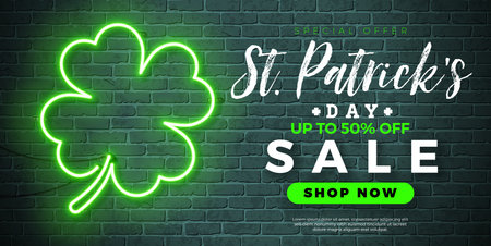 Saint Patrick's Day Sale Banner Illustration with Glowing Clover Leaves Shape Neon Lights on Brick Wall Background. Irish Traditional St. Patricks Day Lucky Celebration Vector Design for Coupon, Voucher or Promotional Posterのイラスト素材