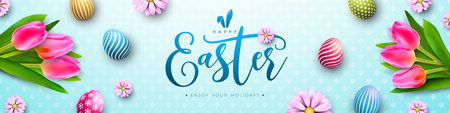 Happy Easter Holiday Design with Painted Egg and Spring Tulip Flower on Nature Blue Background. International Religious Vector Celebration Banner Illustration with Typography for Greeting Card or Party Invitationのイラスト素材