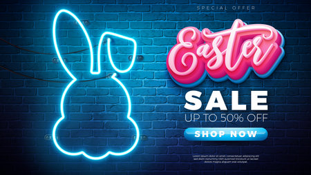 Happy Easter Sale with Rabbit Silhouette made of Glowing Neon Light on Vintage Brick Wall Background. Vector Easter Day Promotional Holiday Design for Coupon, Banner, Flyer, Voucher or Posterのイラスト素材