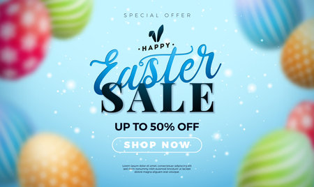 Easter Sale Illustration with Blurred Colorful Painted Egg and and Typography Lettering with Rabbit Ears on Blue Background. Vector Religion Holiday Celebration Banner Design Template for Coupon, Banner, Voucher or Promotional Posterのイラスト素材