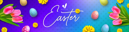 Happy Easter Holiday Design with Painted Egg and Spring Tulip Flower on Violet Blue Background. International Religious Vector Celebration Banner Illustration with Typography Lettering for Greeting Card or Party Invitationのイラスト素材