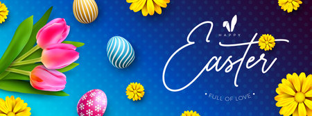 Happy Easter Holiday Design with Painted Egg and Spring Tulip Flower on Violet Blue Background. International Religious Vector Celebration Banner Illustration with Typography Lettering for Greeting Card or Party Invitationのイラスト素材