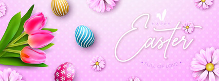 Happy Easter Holiday Design with Colorful Painted Egg and Spring Tulip Flower on Pink Background. International Religious Vector Celebration Banner Illustration with Typography Lettering for Greeting Card or Party Invitationのイラスト素材