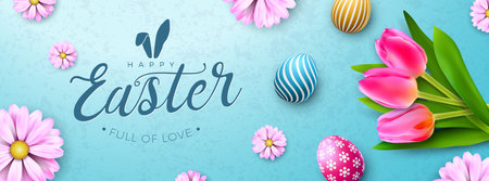 Happy Easter Holiday Design with Painted Egg and Spring Tulip Flower on Nature Blue Background. International Religious Vector Celebration Banner Illustration with Typography for Greeting Card or Party Invitationのイラスト素材