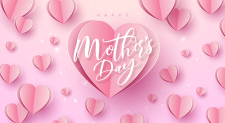 Happy Mother's Day Banner or Postcard with Paper Hearts and Typography Letter on Pink Background. Vector Mom Celebration Design with Symbol of Love for Greeting Card, Flyer, Invitation, Brochure, Posterのイラスト素材