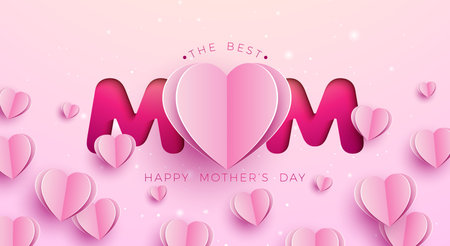 Happy Mother's Day Banner or Postcard with Paper Hearts and Typography Lettering on Pink Background. Vector Best Mom Celebration Design with Symbol of Love for Greeting Card, Flyer, Invitation, Brochure, Posterのイラスト素材