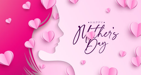 Happy Mother's Day Greeting Card Design with Paper Heart and Woman Face Silhouette on Light Pink Background. Vector Mothers Day Illustration for Banner, Postcard, Flyer, Invitation, Brochure, Posterのイラスト素材