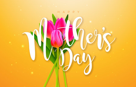 Happy Mother's Day Banner or Postcard with Spring Tulip Flower and Typography Letter on Yellow Background. Vector Celebration Design Template for Greeting Card, Banner, Flyer, Invitation, Brochure, Posterのイラスト素材
